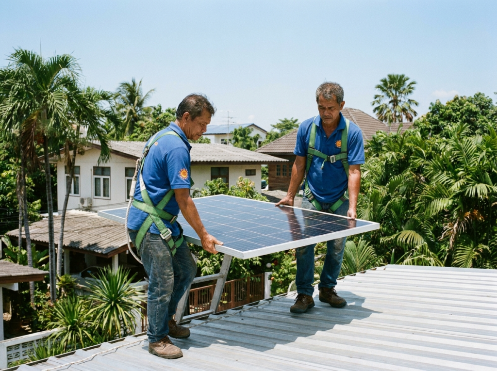 Carrying a panel onto the roof