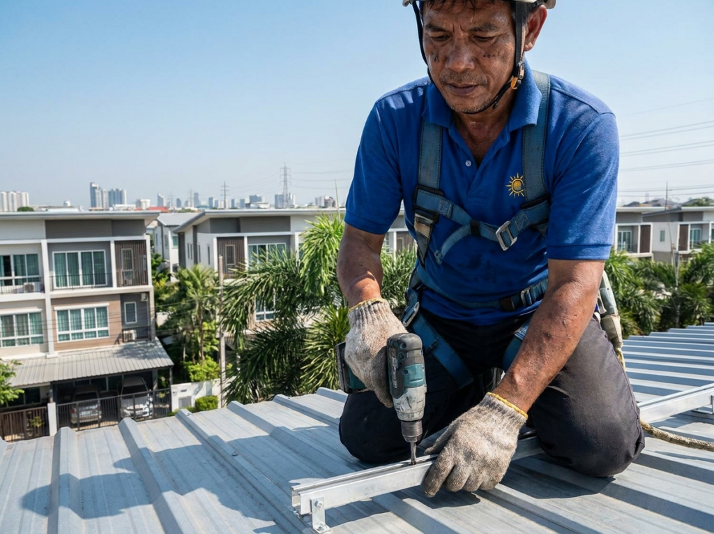 Sonnen-Energie solar technician installing a panel on a Bangkok rooftop